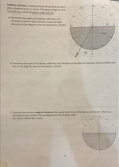 Problem 1 25 Pts A Red Laser Beam Shines From Air Into A Glass Cylindrical Prism As Shown The Speed Of Light In Air 1