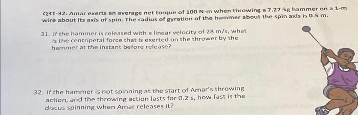Q31 32 Amar Exerts An Average Net Torque Of 100 N M When Throwing A 7 27 Kg Hammer On A 1 M Wire About Its Axis Of Spin 1