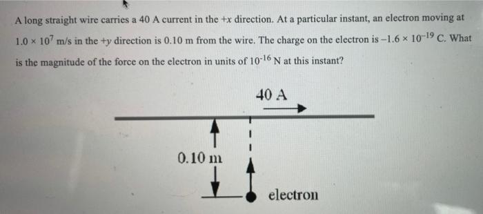 A Long Straight Wire Carries A 40 A Current In The X Direction At A Particular Instant An Electron Moving At 1 0 X 10 1