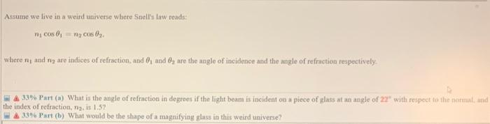 Assume We Live In A Weird Universe Where Snell S Law Reads N Cos 0 N Cos 0 Where N And Ny Are Indices Of Refracti 2