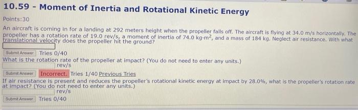 10 59 Moment Of Inertia And Rotational Kinetic Energy Points 30 An Aircraft Is Coming In For A Landing At 292 Meters H 1