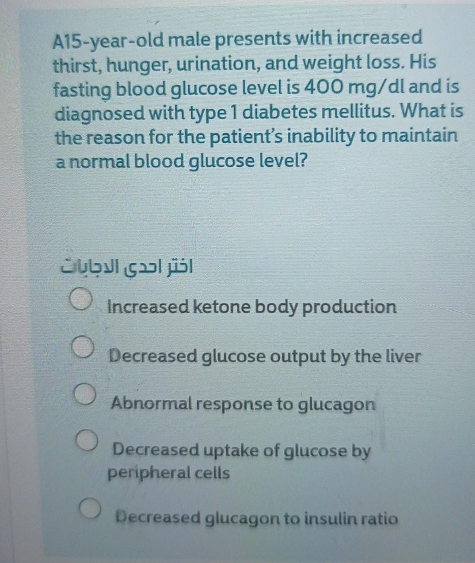 A15 Year Old Male Presents With Increased Thirst Hunger Urination And Weight Loss His Fasting Blood Glucose Level Is 1