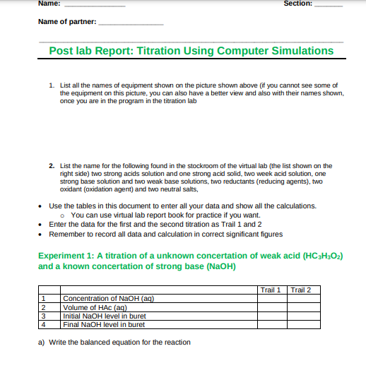 Name Section Name Of Partner Post Lab Report Titration Using Computer Simulations 1 List All The Names Of Equipment 1