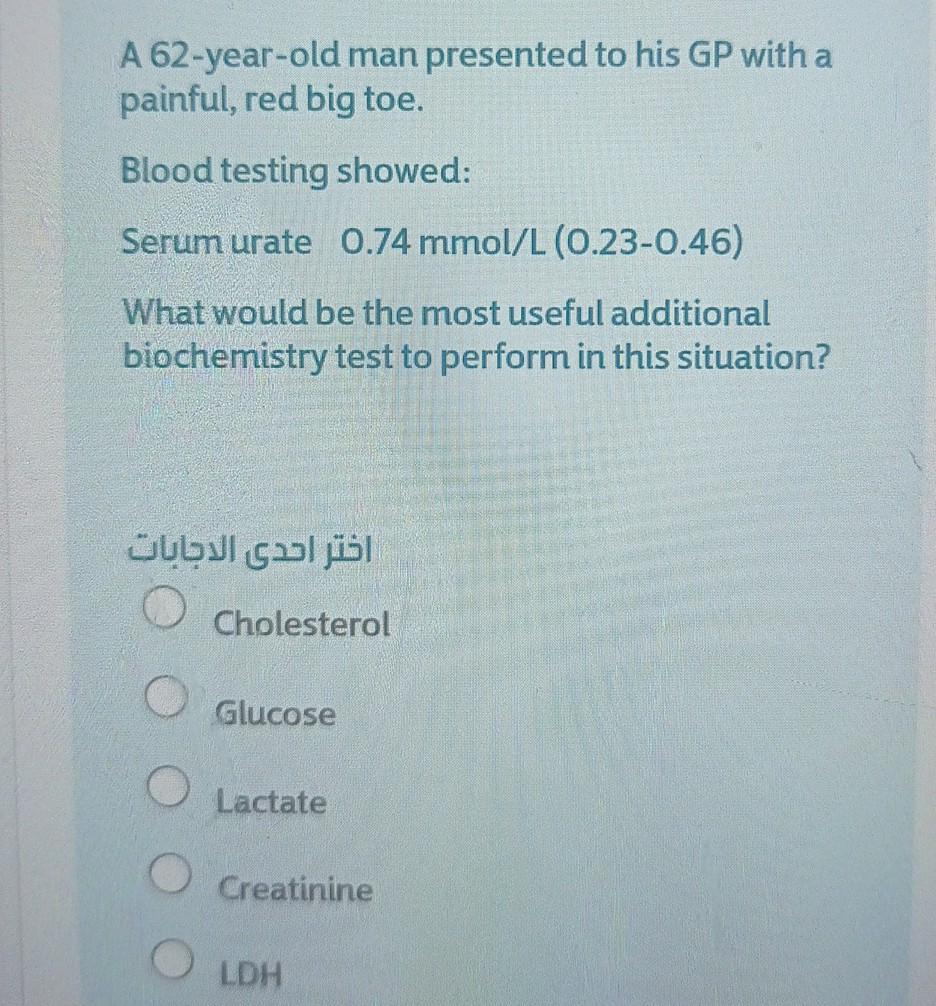 A 62 Year Old Man Presented To His Gp With A Painful Red Big Toe Blood Testing Showed Serum Urate 0 74 Mmol L 0 23 0 1