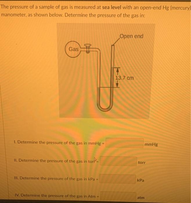 The Pressure Of A Sample Of Gas Is Measured At Sea Level With An Open End Hg Mercury Manometer As Shown Below Determ 1