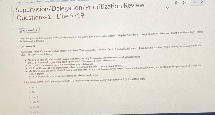 Table Of Contents Week 2 Aug 30 Sept 5 5 D Supervision Delegation Prioritization Review Questions 1 Due 9 19 Li 1
