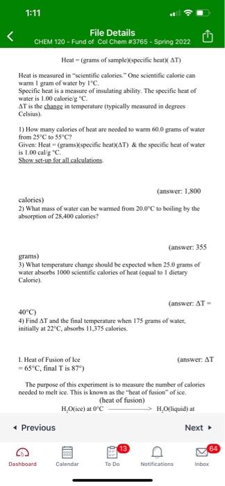 1 11 File Details Chem 120 Fund Of Col Chem 3765 Spring 2022 Heat Grams Of Sample Specific Heat At Heat Is Meas 1