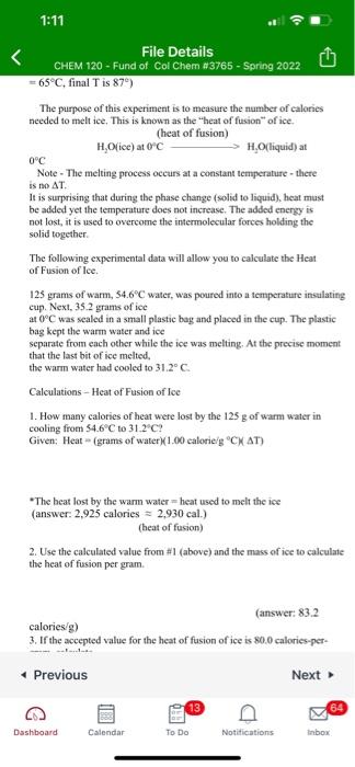 1 11 File Details Chem 120 Fund Of Col Chem 3765 Spring 2022 65 C Final Tis 87 The Purpose Of This Experiment 1