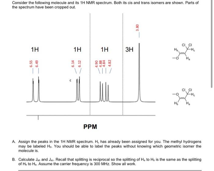 Consider The Following Molecule And Its 1h Nmr Spectrum Both Its Cis And Trans Isomers Are Shown Parts Of The Spectrum 1