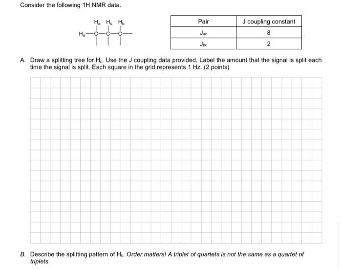 Consider The Following 1h Nmr Data Ha He H Pair J Coupling Constant Jac 8 Ha Jbc 2 A Draw A Splitting Tree For He Us 1