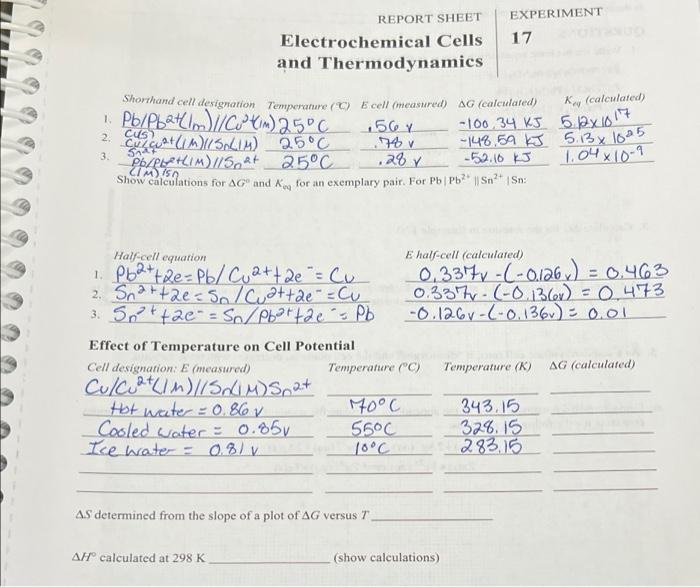 Report Sheet Experiment Electrochemical Cells 17 And Thermodynamics Shorthand Cell Designation Temperature C E Cell M 1