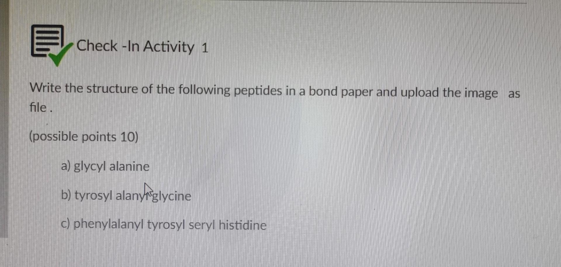 E Check In Activity 1 Write The Structure Of The Following Peptides In A Bond Paper And Upload The Image As File Possi 1