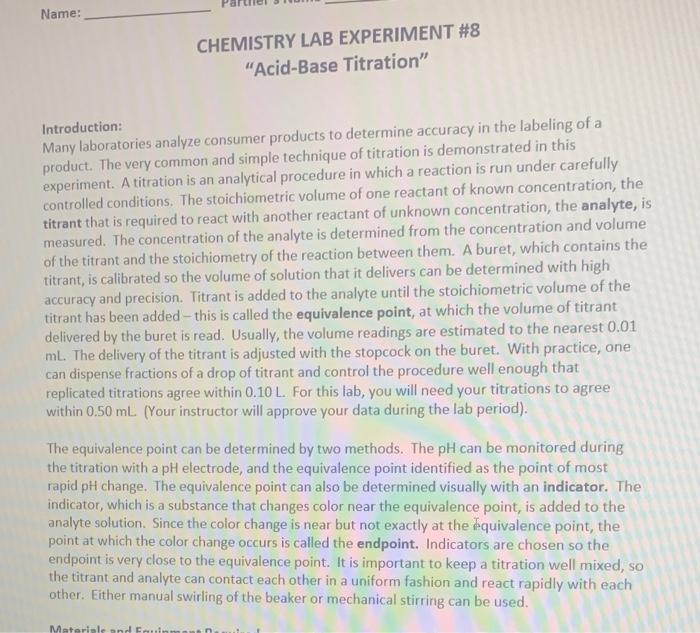 Name Chemistry Lab Experiment 8 Acid Base Titration Introduction Many Laboratories Analyze Consumer Products To Det 1