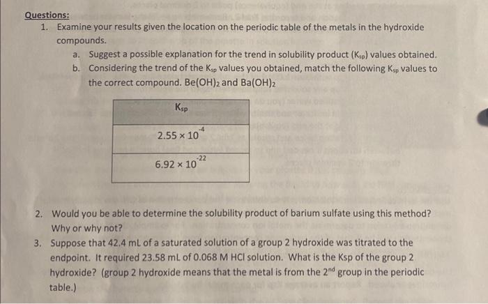 Questions 1 Examine Your Results Given The Location On The Periodic Table Of The Metals In The Hydroxide Compounds A 1