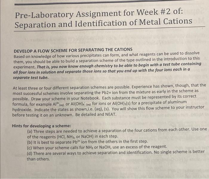Pre Laboratory Assignment For Week 2 Of Separation And Identification Of Metal Cations Develop A Flow Scheme For Separ 1