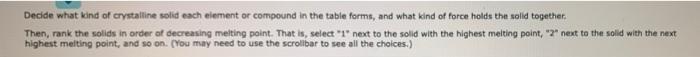 Decide What Kind Of Crystalline Solid Each Element Or Compound In The Table Forms And What Kind Of Force Holds The Soli 1