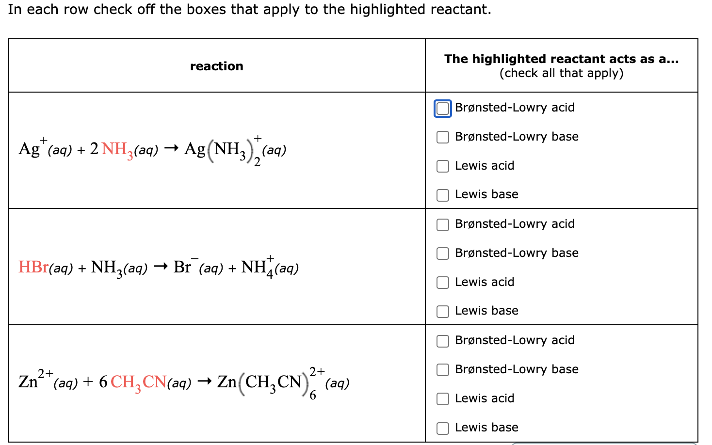 In Each Row Check Off The Boxes That Apply To The Highlighted Reactant Reaction Ag Aq 2nh Aq Ag Nh3 2 Aq 1