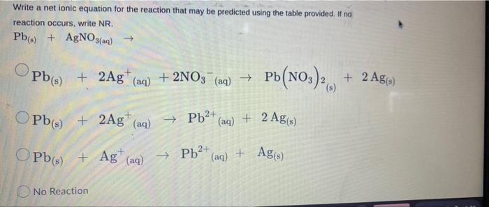 Write A Net Ionic Equation For The Reaction That May Be Predicted Using The Table Provided If No Reaction Occurs Write 1