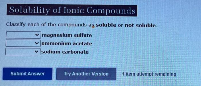 Solubility Of Ionic Compounds Classify Each Of The Compounds As Soluble Or Not Soluble Magnesium Sulfate Ammonium Aceta 1