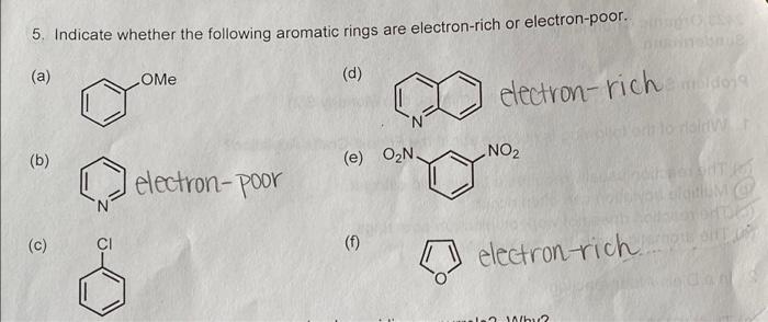 5 Indicate Whether The Following Aromatic Rings Are Electron Rich Or Electron Poor A Ome D B E O N Electron P 1