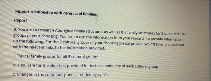 Support Relationship With Carers And Families Report I A You Are To Research Aboriginal Family Structures As Well As Th 1