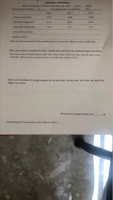 Laboratory Worksheet Molar Concentration Of Nasution Islast Werk Tra Hcl Unknown Acid Id Number Acidity Ask Your Ach 3