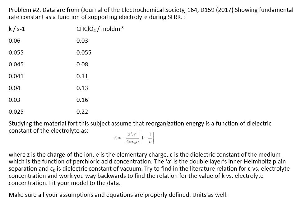Problem 2 Data Are From Journal Of The Electrochemical Society 164 D159 2017 Showing Fundamental Rate Constant As 1