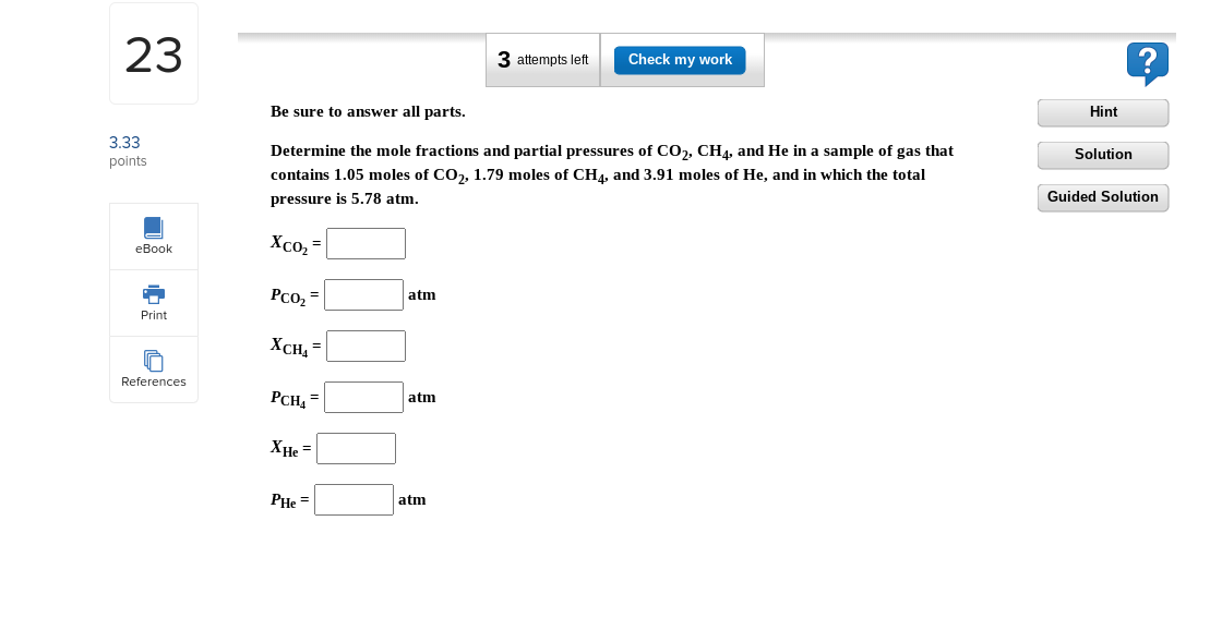 23 3 33 Points Ebook Print References 3 Attempts Left Check My Work Be Sure To Answer All Parts Determine The Mole Frac 1