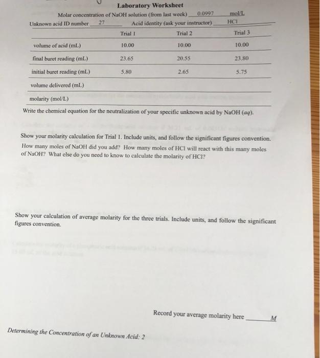 Laboratory Worksheet Molar Concentration Of Naoh Solution From Last Week 0 0997 Unknown Acid Id Number 27 Acid Identi 1