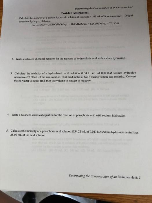 Laboratory Worksheet Molar Concentration Of Naoh Solution From Last Week 0 0997 Unknown Acid Id Number 27 Acid Identi 2