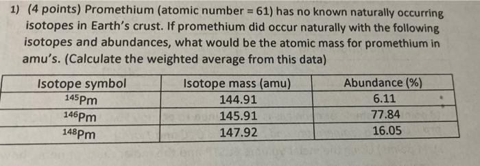 1 4 Points Promethium Atomic Number 61 Has No Known Naturally Occurring Isotopes In Earth S Crust If Promethium 1