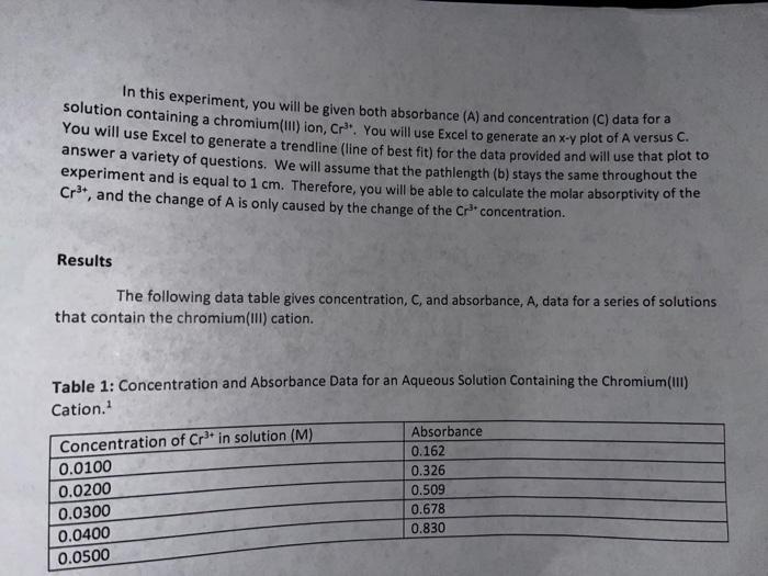 Excel Worksheet 2 The Beer Lambert Law 2 Name Questions This Page Must Be Printed Completed And Submitted Electro 2