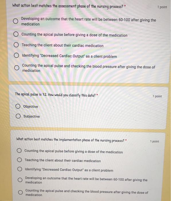 What Action Best Matches The Assessment Phase Of The Nursing Process 1 Point Developing An Outcome That The Heart Rate 1
