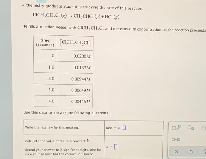 A Chemistry Graduate Student Is Studying The Rate Of This Reaction Cich Ch Cl G Ch Chc1 G Hc1 G He Fills A 1