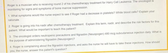 Roger Is A Musician Who Is Receiving Round 2 Of His Chemotherapy Treatment For Hairy Cell Leukemia The Oncologist Is Mo 1