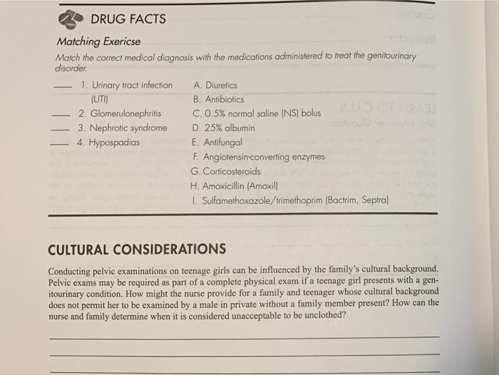 3 Drug Facts Matching Exericse Match The Correct Medical Diagnosis With The Medications Administered To Treat The Genit 1