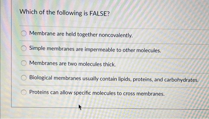 Which Of The Following Is False Membrane Are Held Together Noncovalently Simple Membranes Are Impermeable To Other Mol 1