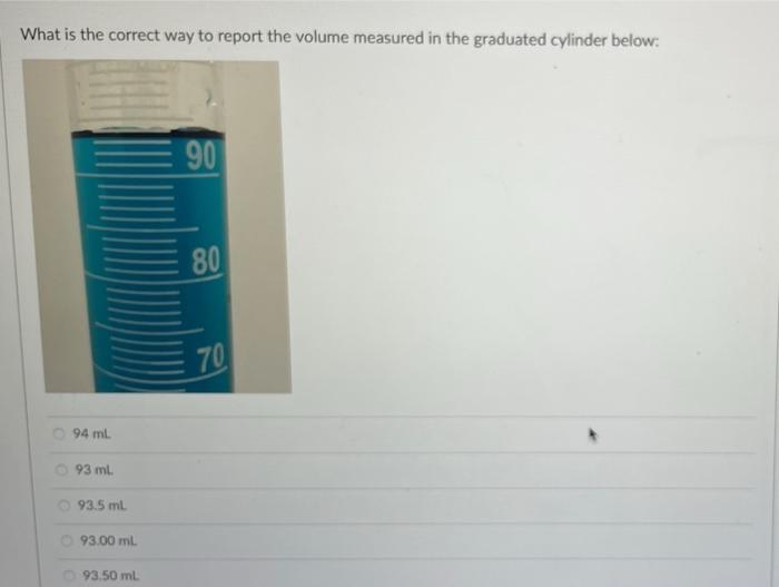 What Is The Correct Way To Report The Volume Measured In The Graduated Cylinder Below 90 94 Ml 93 Ml 93 5 Ml 93 00 Ml 9 1