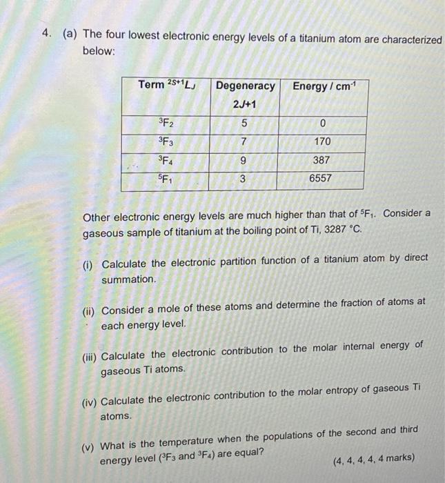 4 A The Four Lowest Electronic Energy Levels Of A Titanium Atom Are Characterized Below Term 25 Lj Degeneracy Energ 1