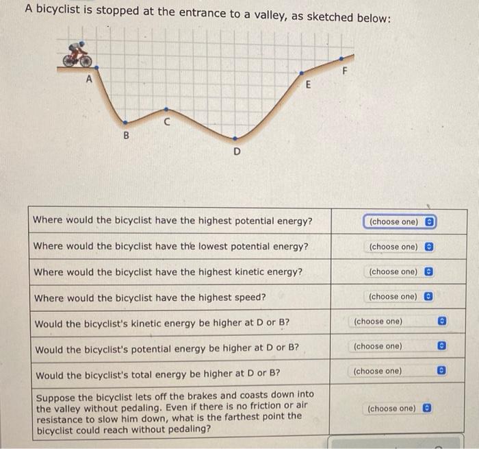 A Bicyclist Is Stopped At The Entrance To A Valley As Sketched Below A E C B D Where Would The Bicyclist Have The High 1