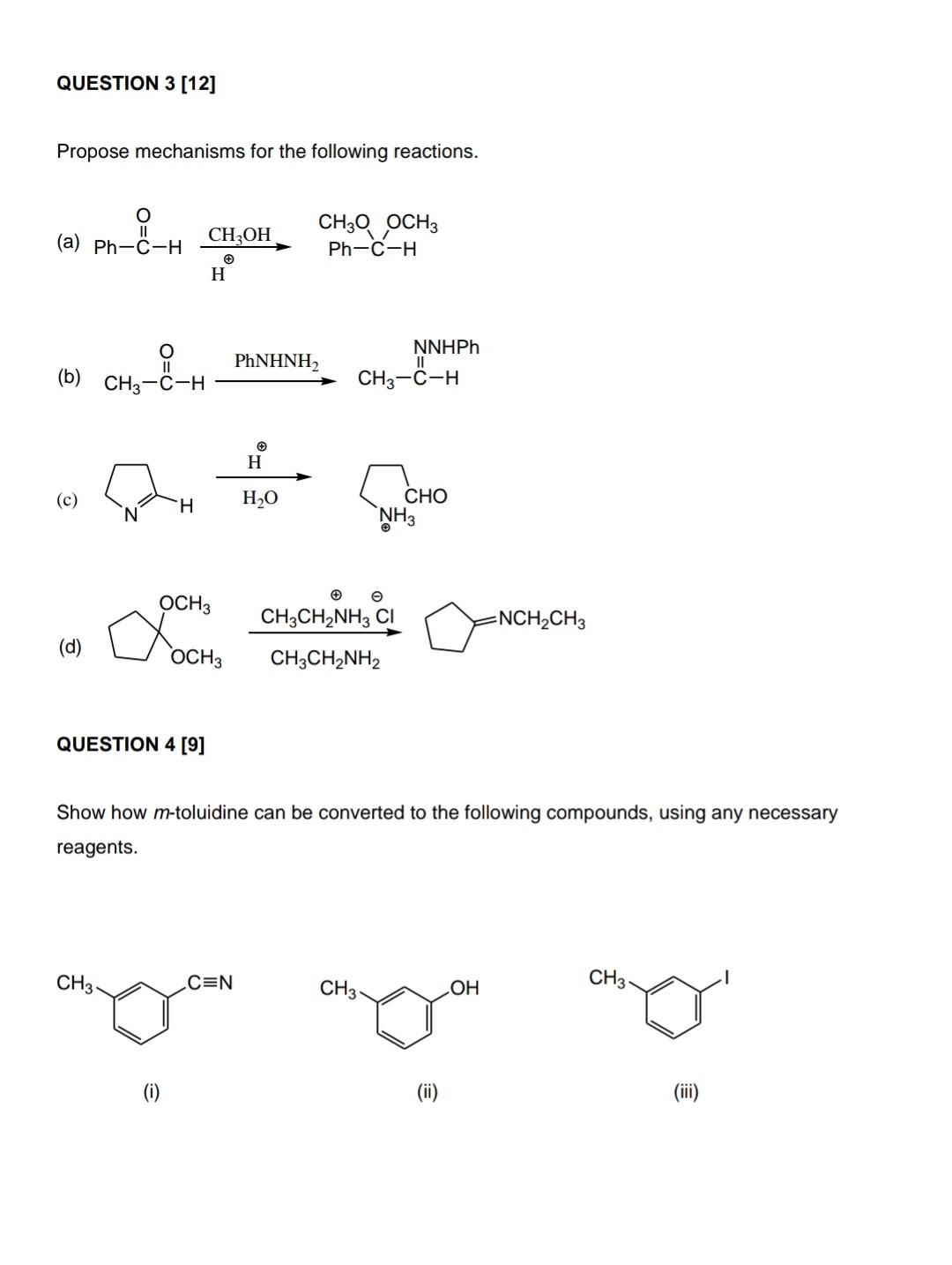 Question 3 12 Propose Mechanisms For The Following Reactions O A Ph C H Ht Ch3oh Ch3q Och 3 Ph C H H O 11 B Ch 1