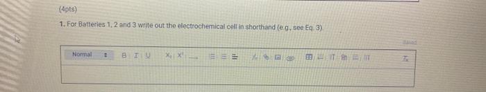 Part 1 Data Summary 1pt Battery 1 Anode Concentration M Battery 1 Cathode Concentration M Battery 1 Cell Vol 5