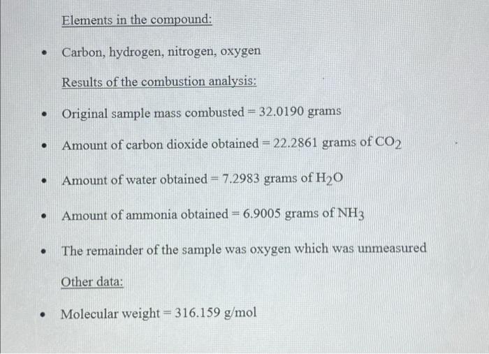 Elements In The Compound Carbon Hydrogen Nitrogen Oxygen Results Of The Combustion Analysis Original Sample Mass 1