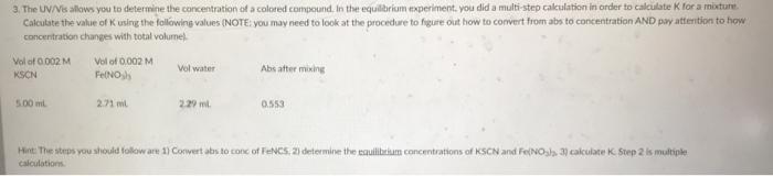 3 The Uv Vis Allows You To Determine The Concentration Of A Colored Compound In The Equilibrium Experiment You Did A 1