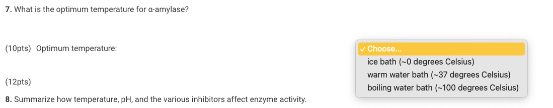 7 What Is The Optimum Temperature For A Amylase 10pts Optimum Temperature 12pts 8 Summarize How Temperature Ph 1