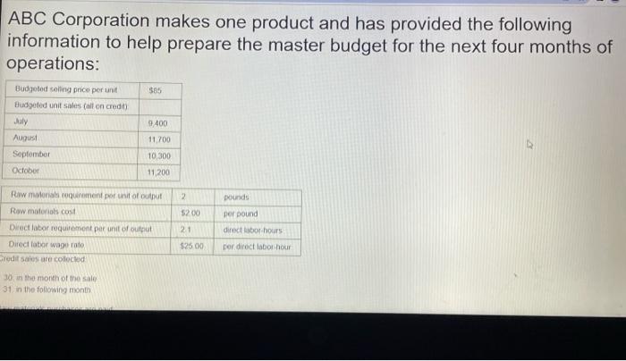 Abc Corporation Makes One Product And Has Provided The Following Information To Help Prepare The Master Budget For The N 1