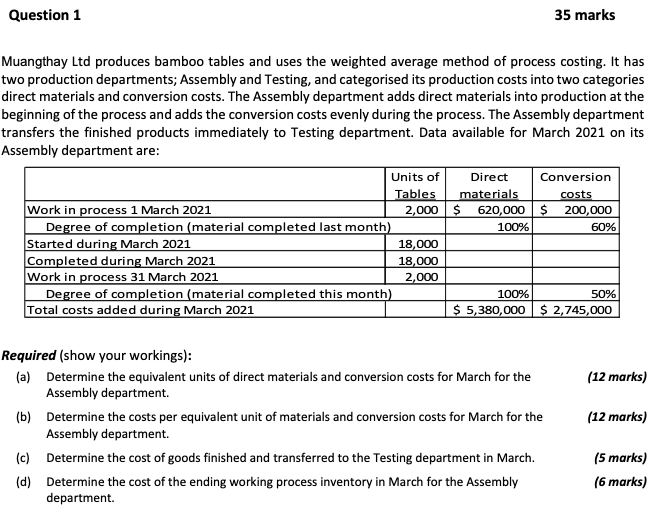 Question 1 35 Marks Muangthay Ltd Produces Bamboo Tables And Uses The Weighted Average Method Of Process Costing It Has 1