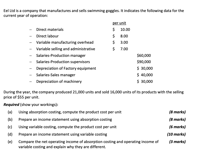 Eel Ltd Is A Company That Manufactures And Sells Swimming Goggles It Indicates The Following Data For The Current Year 1