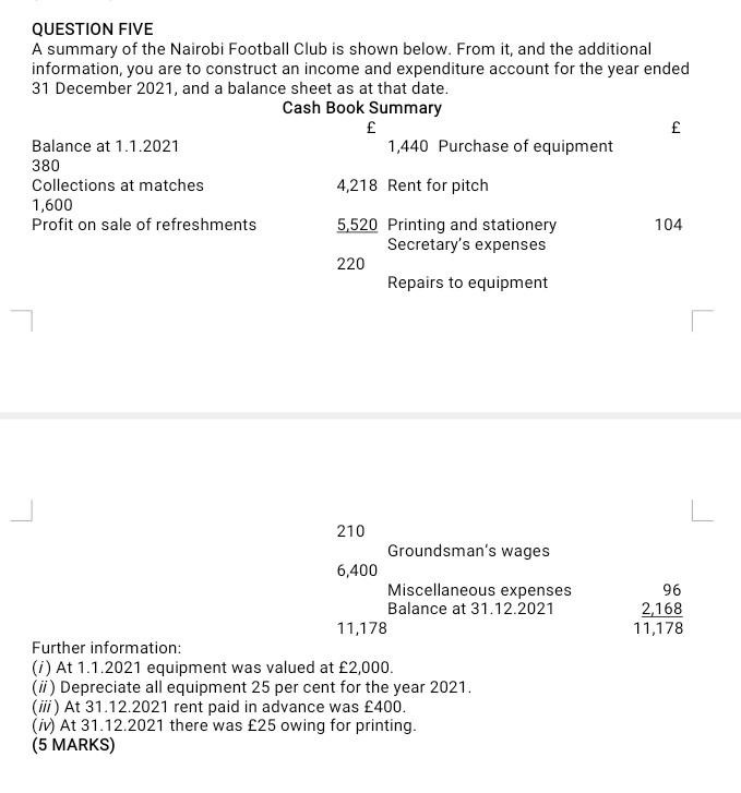 Question Five A Summary Of The Nairobi Football Club Is Shown Below From It And The Additional Information You Are To 1