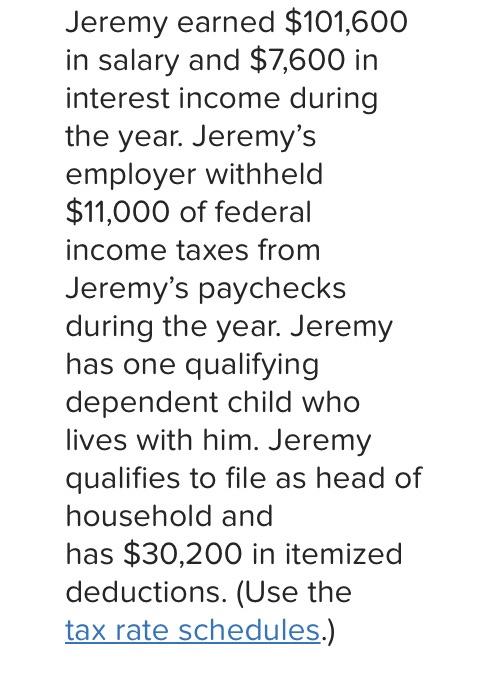 Jeremy Earned 101 600 In Salary And 7 600 In Interest Income During The Year Jeremy S Employer Withheld 11 000 Of Fe 1